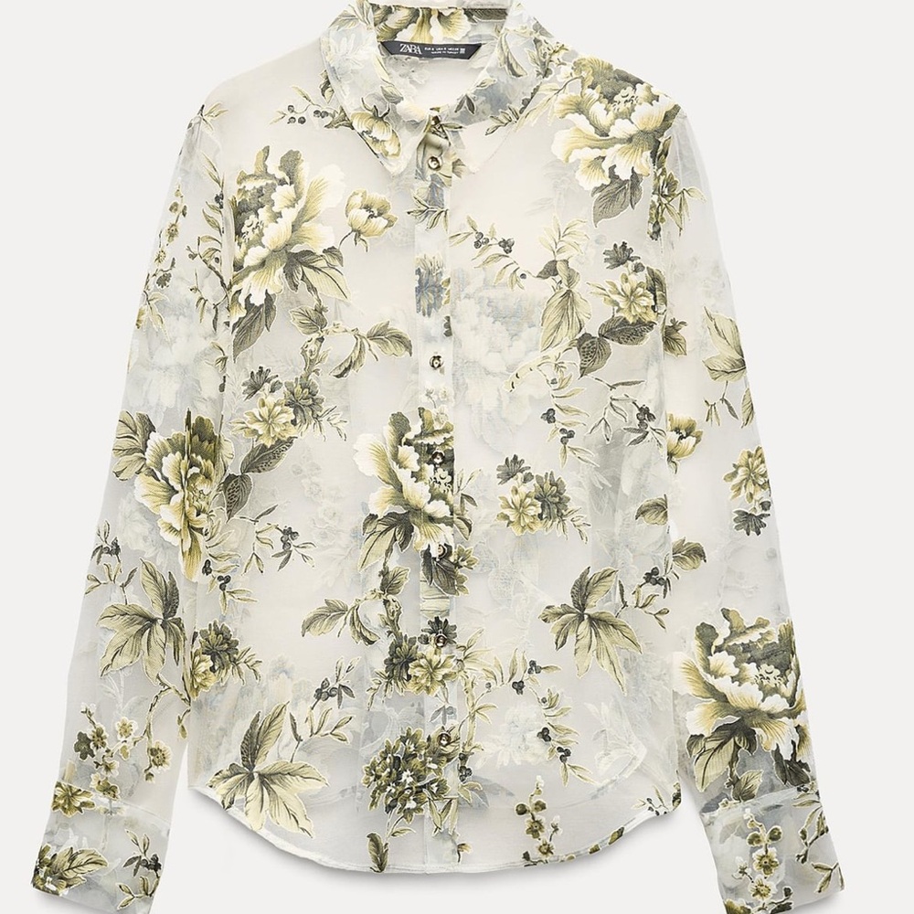 Floral Sheer Blouse - Green and Cream